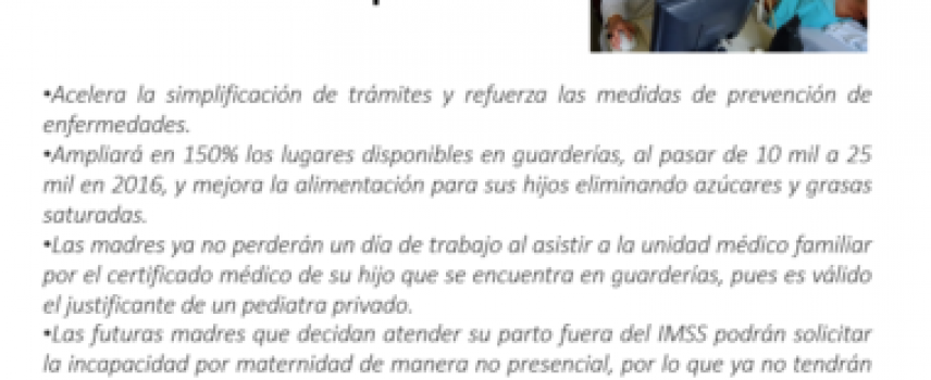Acciones del IMSS en beneficio de las madres trabajadoras