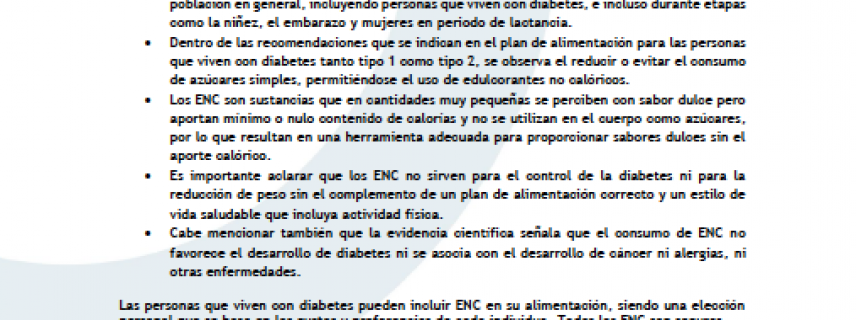 Postura de edulcorantes no calóricos – Documento para personas que viven con diabetes