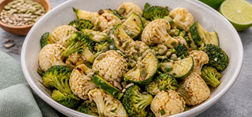 Ensalada de coliflor, brócoli y calabacita con vinagreta de soya y limón, con pepitas y semillas de girasol