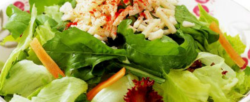 Lechuga, pepino y jícama con vinagreta de chile de arbol y limón, con cacahuates tostados