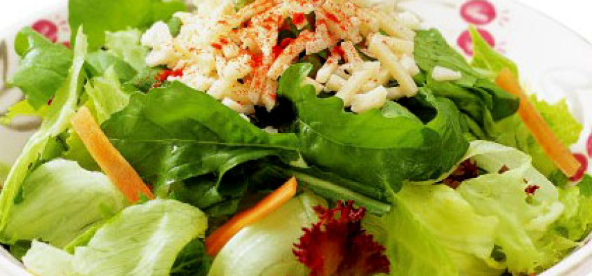 Lechuga, pepino y jícama con vinagreta de chile de arbol y limón, con cacahuates tostados